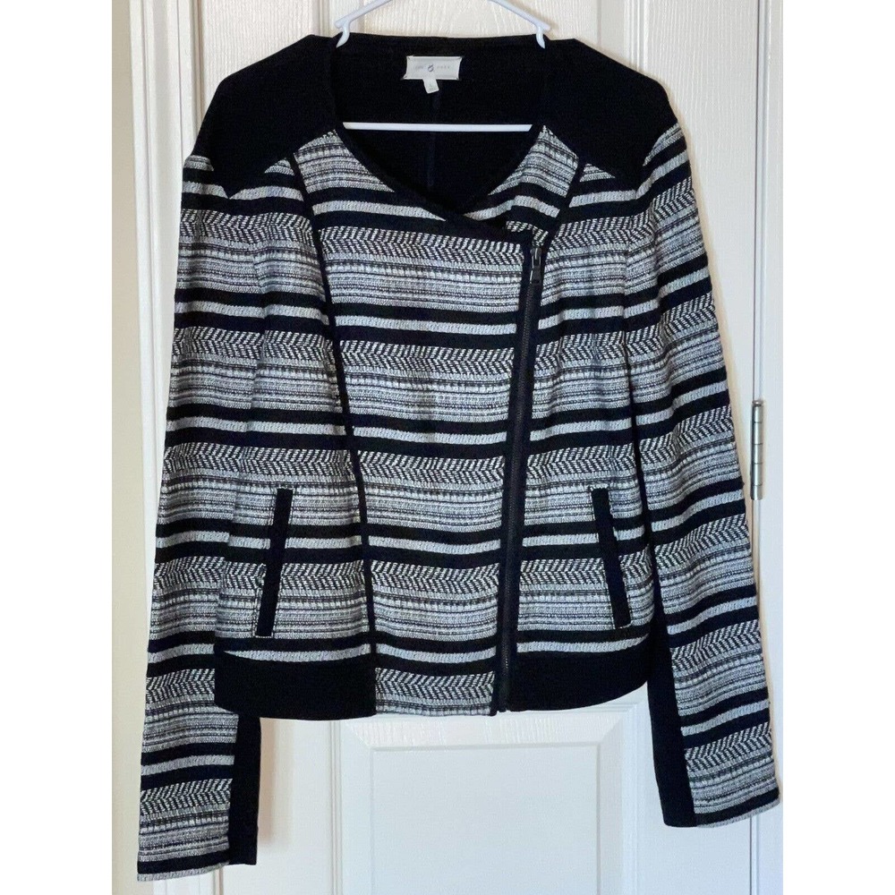 Women’s Lou & Grey Printed Asymmetric Fabric Moto Jacket Size Large Black White